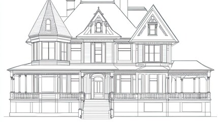 Fototapeta premium Victorian house facade line drawing architectural illustration