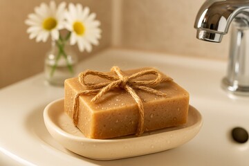 Handmade organic soap bar with rope bow in soap dish near sink and chamomile flowers