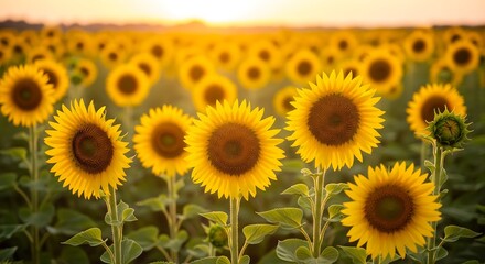 Obraz premium Sunflowers Glowing under Warm, Golden Hour Sun