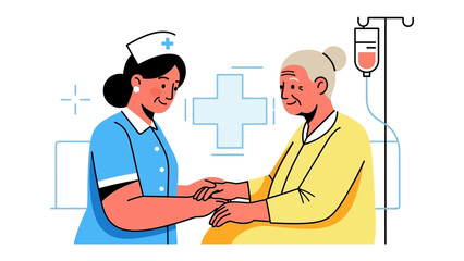 Caring Touch: A compassionate nurse offers gentle support to an elderly patient, symbolizing empathy and healthcare, capturing the essence of compassion and dedication.