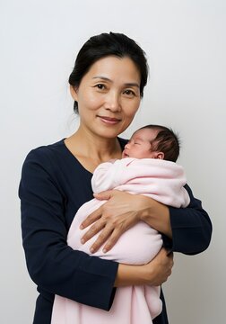 M&atilde;e asi&aacute;tica carinhosa segurando seu beb&ecirc; rec&eacute;m-nascido no colo, isolada no branco. Amor materno, maternidade, cuidado, fam&iacute;lia e v&iacute;nculo afetivo familiar.