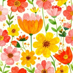 A vibrant, colorful floral pattern features a mix of bright orange, pink, and yellow blossoms, creating a cheerful and whimsical design.