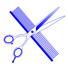 Blue Grooming Icon with Scissors and Comb, Simple Dog Haircut Symbol. © Ramilia