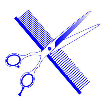 Blue Grooming Icon with Scissors and Comb, Simple Dog Haircut Symbol.