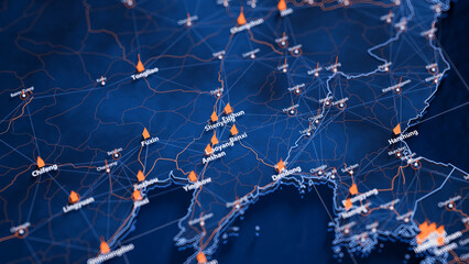 Benxi map big data visualization. Futuristic map infographic of city in China. Visual map data complexity in modern blue and orange colors