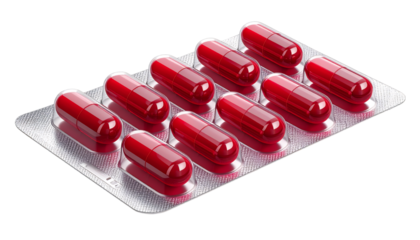 Red capsules in blister pack closeup