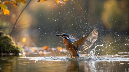 Female kingfisher emerges from water.