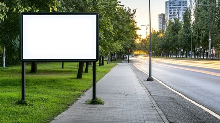 Blank billboard in urban setting at dusk