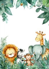Naklejka premium Watercolor jungle animals framed by greenery
