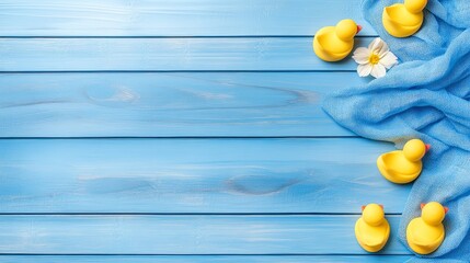 Obraz premium Yellow rubber ducks on blue wood background