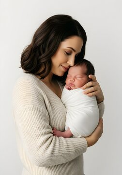 M&atilde;e jovem segurando e acariciando beb&ecirc; rec&eacute;m-nascido isolado no branco. Gesto de amor, prote&ccedil;&atilde;o e conex&atilde;o materna. Conceito de fam&iacute;lia e maternidade.