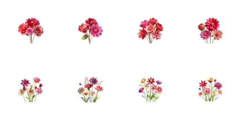 Vibrant floral arrangements in pink and red hues isolated on a transparent background flowers