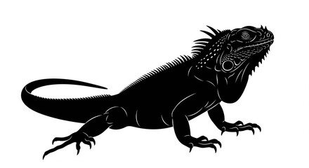 Obraz premium Black silhouette of a detailed Iguana reptile, isolated transparent background.