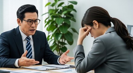 Businessman scolding upset businesswoman in a tense office meeting