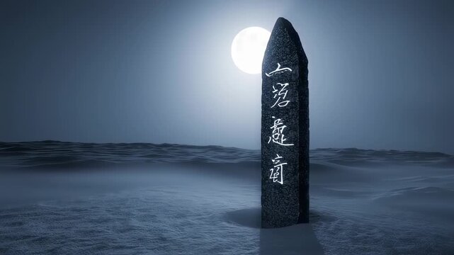 Eerie lunar stone monolith with cryptic inscriptions rising from misty waters