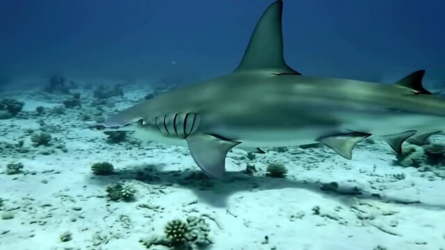 Oceanic Whitetip Shark Swimming Over Coral Reef Seabed in Clear Blue Water