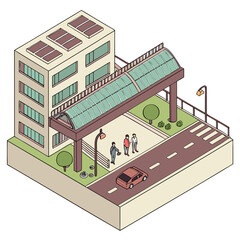 Modern building with a covered walkway and people waiting near a street with a car and crosswalk