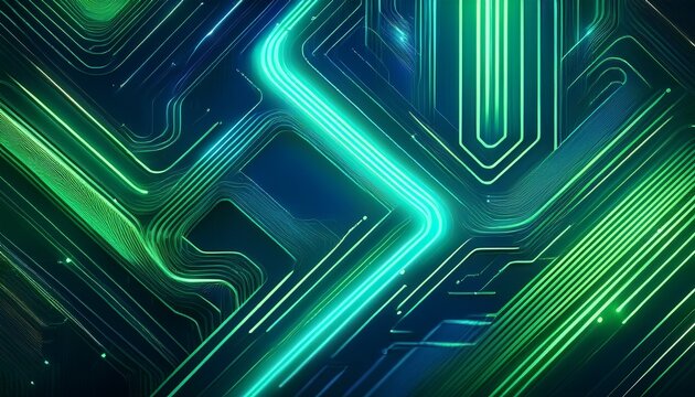 abstract digital background with glowing neon green lines and blue circuit board texture