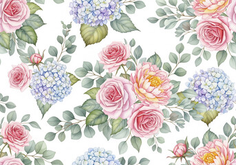 Watercolor floral arrangement with pink roses, peach roses, and blue hydrangeas, isolated on white background