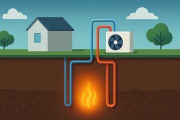 Geothermal energy system illustration depicting a house and underground heat exchange