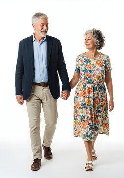 Casal idoso caminhando de m&atilde;os dadas em uma praia tropical de areia branca e mar azul turquesa. Gesto de amor e companhia na aposentadoria. Conceito de bem-estar.