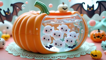 Fototapeta premium Cute kawaii fish bowl shaped like a pumpkin, with tiny ghost fish and bat decorations inside