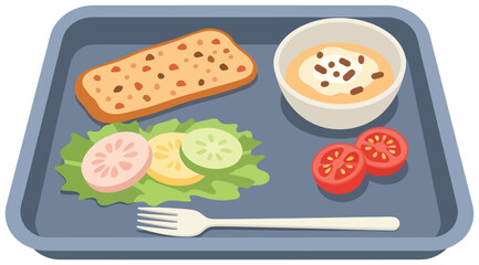 Food vector illustration of a tray with bread, soup, fresh vegetables, and salad in flat minimal style, perfect for nutrition, health, cafeteria meals, diet, and cooking design projects