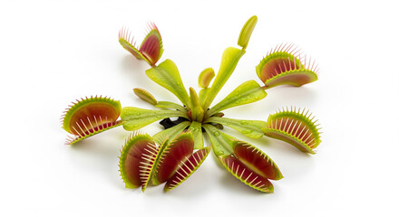 Top view of a green Venus flytrap carnivorous plant with open red traps, isolated transparent background.