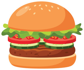 Burger vector illustration of a sandwich with beef patty lettuce tomato and cucumber in flat minimal style perfect for food fast meal snack lunch dinner picnic street food and culinary design projects