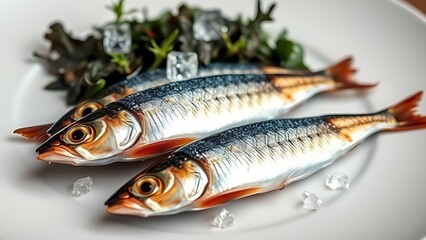 Glistening, jewel-like sardines and dark leafy greens on a white plate with crystalline structures of calcium.