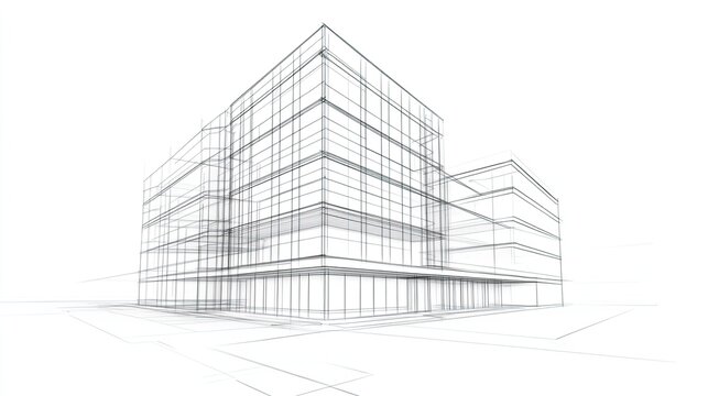 Modern building wireframe blueprint on white
