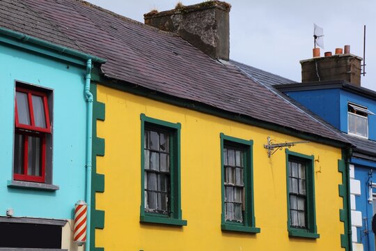 Yellow building. Colorful architecture of Dingle town in Dingle Peninsula in County Kerry, Ireland.