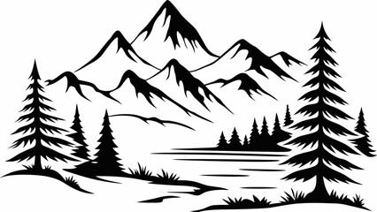 Monochrome Mountain and Forest Landscape