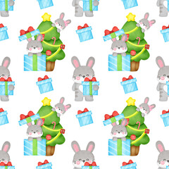 Seamless Pattern with Christmas Rabbits and Gifts