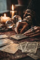 Mystical Tarot Reading Setup with Candles, Crystals, and Jewelry
