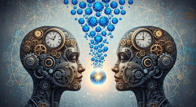 Two steampunk heads facing each other with blue orbs and clockwork mechanisms on a patterned background