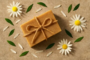 Eco soap bar with daisies and leaves on rustic background