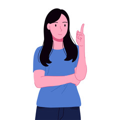 Flat illustration of female character showing pointing finger gesture isolated