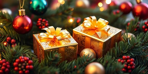 Gleaming gold gift boxes nestled amongst pine boughs and ornaments, gold, decoration