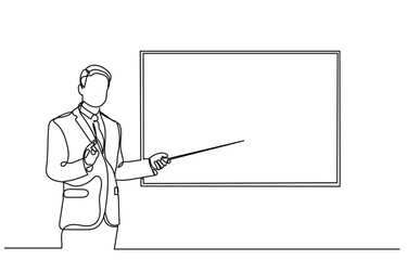 continuous line drawing of a man,teacher,trainer,mentor standing  pointing on board education and learning.young male teacher giving a lesson in the class.vector illustration.
