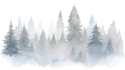 Fototapeta premium Watercolor painting of a misty forest with evergreen trees isolated on white background