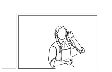 continuous line drawing of a woman teacher,trainer,mentor standing near a board,holding a book, education and learning.young girl teacher giving a lesson in the class.