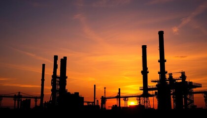 Obraz premium Silhouetted industrial towers at sunset, vibrant sky, smoke, colors