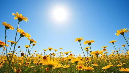 Sun-drenched field of vibrant yellow wildflowers beneath a clear blue sky,  wildflowers,  blossoming