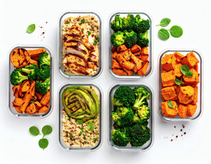 Top view of glass meal prep containers with grilled chicken, quinoa, and roasted vegetables, organized for a healthy weekly diet plan