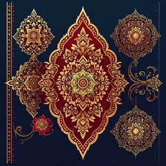 Intricate gold and burgundy floral patterns create a rich, detailed design on a dark background.