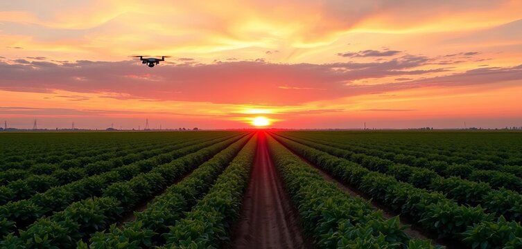 Sunrise paints vibrant sky over vast, automated smart farm field; drones, sensors, robotic harvesters at work,  farm,  vibrant sky - Powered by Adobe