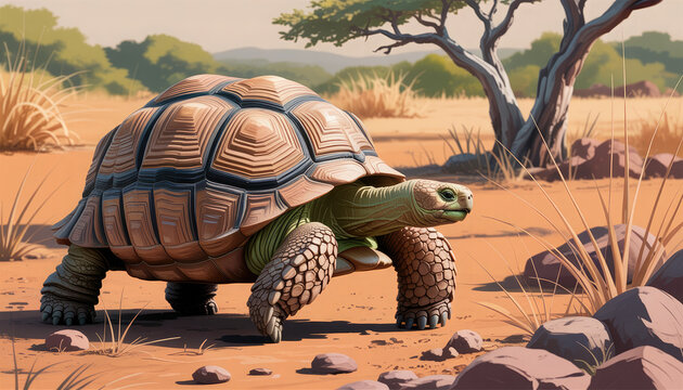 A tortoise in its natural habitat, walking slowly across the arid land