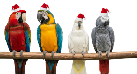 a collection of colourful parrots on a branch on a white background wearing santa hats.