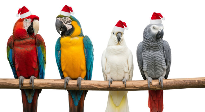 a collection of colourful parrots on a branch on a white background wearing santa hats.